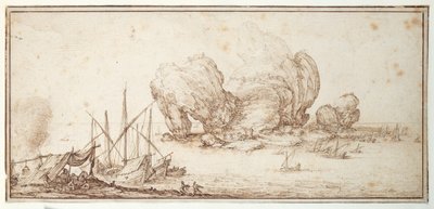 Fantastik kayalar, güçlendirilmiş. Nakliye. Denizciler, teknelerinin önünde bivouac (Le Grand Rocher) (kağıt üzerinde kalem ve mürekkep) by Jacques Callot