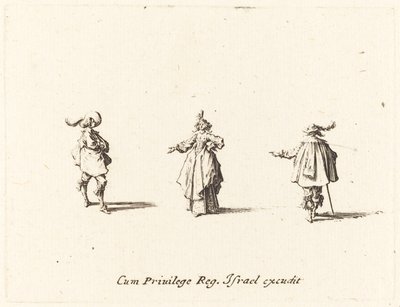 Uzanmış Kollu Bayan ve İki Beyefendi, muhtemelen 1634. by Jacques Callot