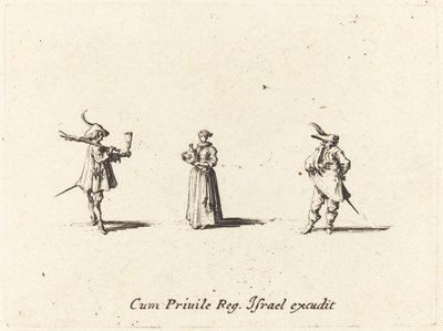 Şarap Şişeli Kadın ve İki Beyefendi, muhtemelen 1634. by Jacques Callot