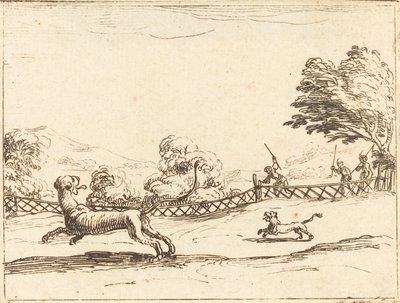 Avcılar Tarafından Takip Edilen Aslan ve Yavru by Jacques Callot