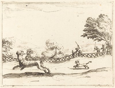 Avcılar Tarafından Takip Edilen Aslan ve Yavru by Jacques Callot