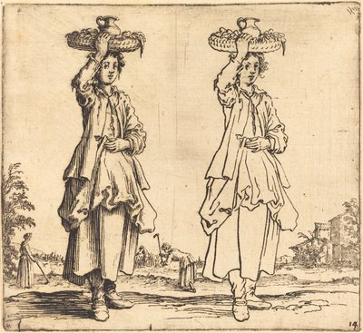 Başında Sepetli Köylü Kadın, Önden Görünüm by Jacques Callot