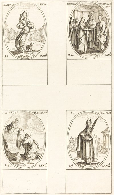 Aziz Agnes; Bakirenin Evliliği; Aziz Ildefonsus; Aziz Timoteos by Jacques Callot