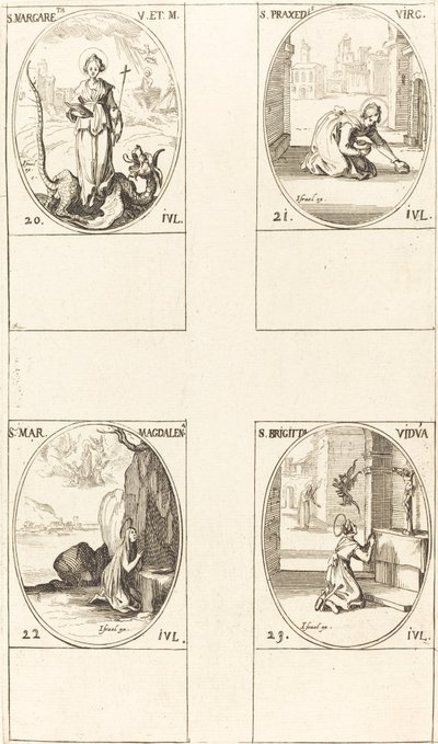 Antakya Aziz Margaret, Aziz Praxedes, Aziz Mary Magdalene, İsveç Aziz Bridget. by Jacques Callot