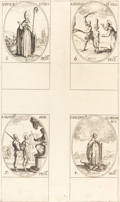 Aziz Nicholas; Aziz Dionisia ve Oğul; Aziz Agatha; Bakire anlayışı by Jacques Callot
