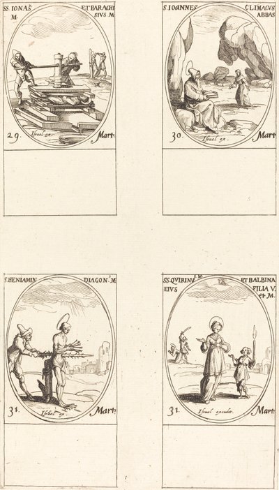 St. Jonas & Barachisius; Aziz John Climacus, Abbot; Aziz Benjamin; St. Quirinus ve Bal by Jacques Callot