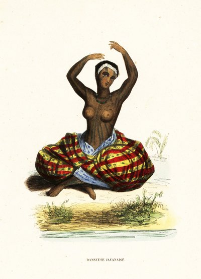 Dövmeli ve çıplak göğüslü genç kadın yerde otururken hula dansı yapıyor. by Jacques Etienne Victor (after) Arago