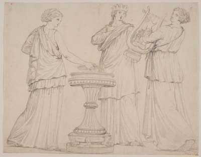 Bir sunakta Yunan cüppeli üç kadın. kadın t.v. bir karatahta (?), ortasında bir taç ile, t.h. bir lir ile (terpsichore?) by Jacques Francois Joseph Saly
