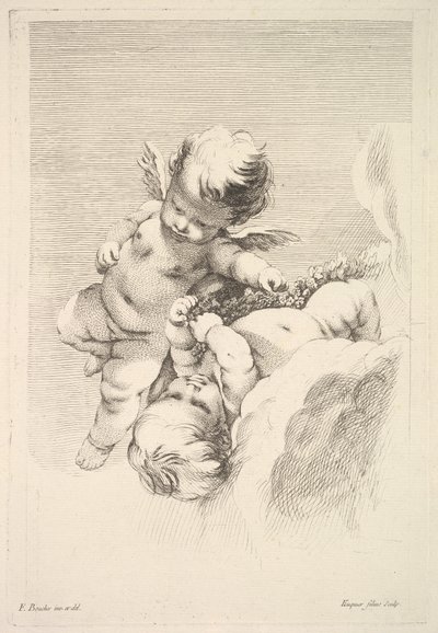 İki Aşk Tanrısı, Biri Çelenk Tutuyor, 18. yüzyılın ortalarından sonlarına kadar. by Jacques Gabriel Huquier