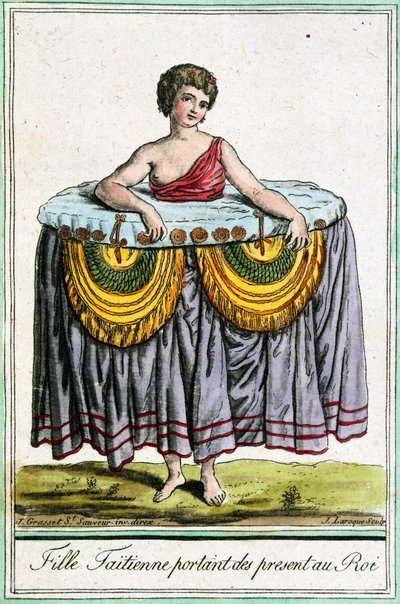 Genç kadın, krala hediyeler sunuyor, Tahiti, Society Adaları, Jacques Grasset de Saint-Sauveur (1757-1810) tarafından Seyahat Ansiklopedisi