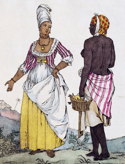 Siyah kadın ve melez kadın Santo Domingo, Labrousse tarafından çizimden renk gravür by Jacques Grasset de Saint Sauveur