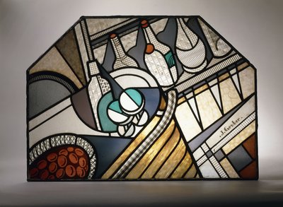 Kokteyl barını gösteren Art Deco vitray panel (kurşunlu vitray) by Jacques Gruber