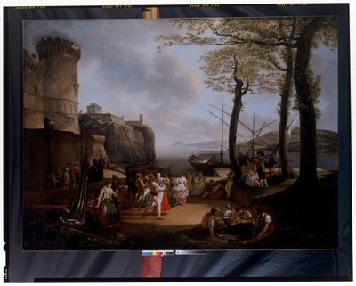 La Tarantelle: Napoliten köylülerin Tarantella dansı yaptığı bir akşam sahil manzarası by Jacques Henri Sablet