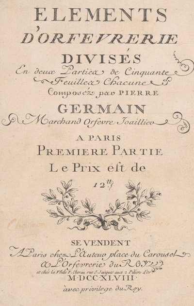 Elements d'Orfevrerie Elli Yaprağa İki Parçaya Bölünmüş, 1748 by Jacques Jean Pasquier