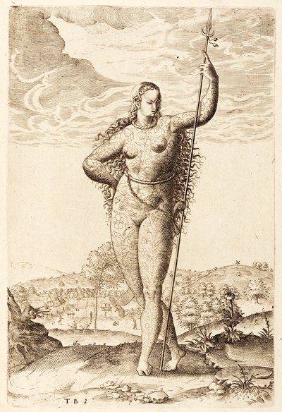 Genç Bir Pictish Kadın, c1585 (bw gravür) by Jacques Le Moyne