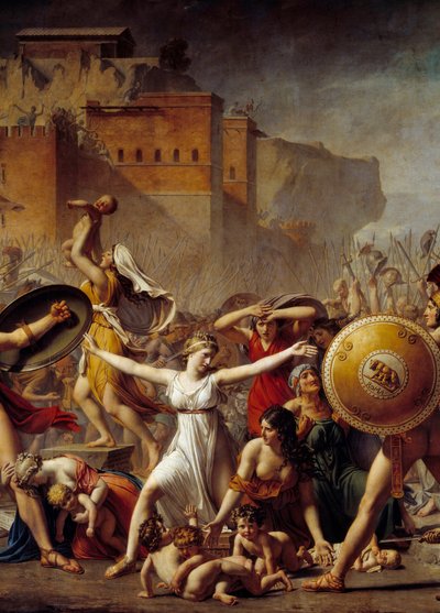 Detay: Roman kocaları (sağda) ve Sabins kardeşleri (solda) arasında araya girerek onlara çocuklarını gösteren “” Sabinler””” - Resim Jacques-Louis (Jacques Louis) David (1748-1825) by Jacques Louis David