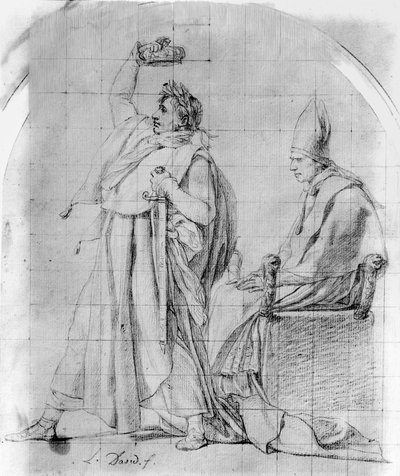 İmparator Napolyon Kendini Taçlandırıyor, c.1804/07 (mürekkep izleri olan kağıt üzerine kurşun kalem) by Jacques Louis David