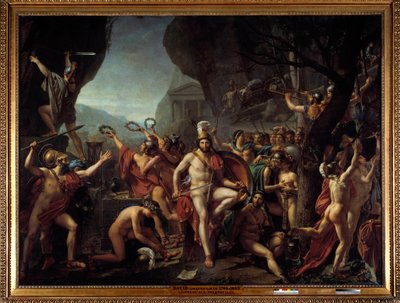 Leonidas'tan Thermopils'e MÖ 480'de Termopiller Savaşı'nın Bölümü, Yunanlıları Xerxes'in Perslerine karşı, Sparta Kralı I. Leonidas, kollarını tutarak, Herkül sunağının yakınında, bir birliğin arkasında bir kayanın üzerinde oturuyor Spa by Jacques Louis David