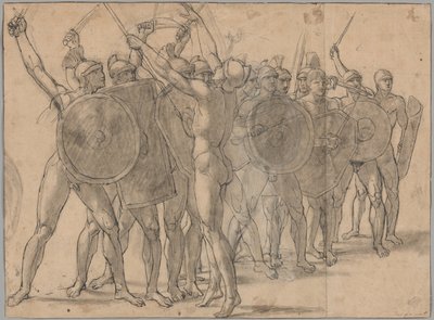 Silahlarıyla Hareket Eden Çıplak Askerler (rekto); Tatius Figürü için İki Perdelik Çalışması (verso) by Jacques Louis David