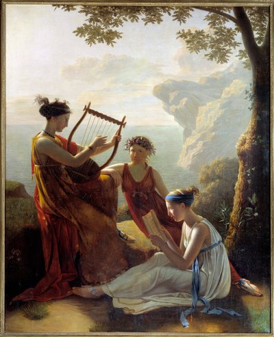 Yunan şair Sapho (Sappho) lir çalıyor ve iki arkadaşı Jacques Louis Grandin (1780-?) 1808 Paris, Musee Marmottan by Jacques Louis Michel Grandin