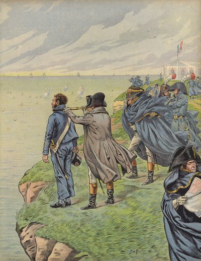 Napoleon Bonaparte surveying his fleet as they depart from Boulogne  by Jacques Marie Gaston Onfray de Breville (Job)