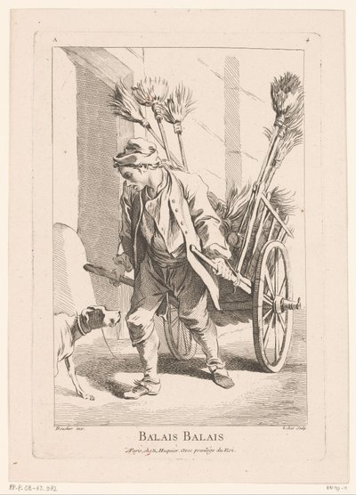 Süpürge ile sokak satıcısı Balais Balais (nesne üzerindeki başlık) Cris de Paris (dizi adı) Paris Sokak Satıcıları (dizi başlığı) by Jacques Philippe Le Bas