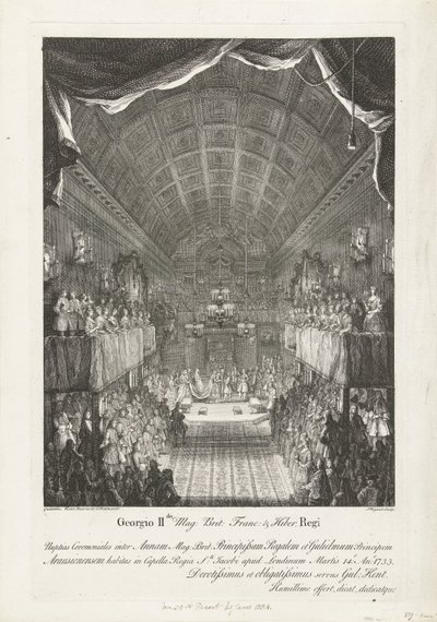 Howelijk van Willem IV, prensesler Anna ile tanıştı, 1734 George IIdo Mag: Brit: Frank: & Hiber. Anne (...) ve William (...) arasında 14 Salı günü Tören Düğünü: Ano: 1733 (...) (nesnedeki başlık) by Jacques Rigaud
