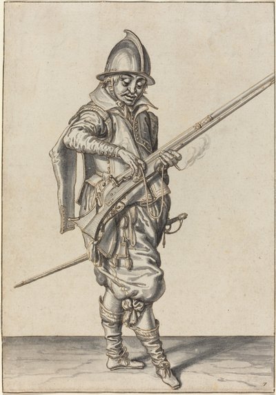 Zarif Giyimli Asker Kaliverini Ateşlemeye Hazırlanıyor by Jacques de Gheyn II