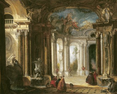 Zarif bir şirket ile çeşmelerin sohbet ettiği Barok bir sarayın içi by Jacques de Lajoüe