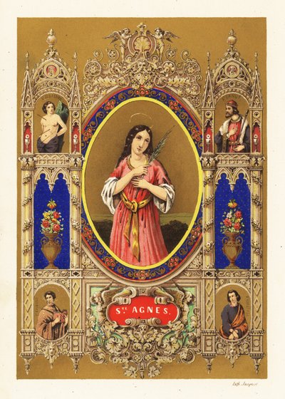 Dekoratif sınır içinde hale ve palmiye yaprağı ile Roma Aziz Agnes, bakire şehit, portresi by Jacquet Jacquet