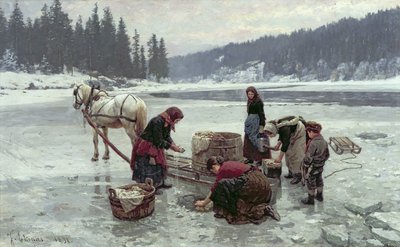 Buzda bir delikten çamaşır yıkayan kadınlar by Jahn Ekenaes