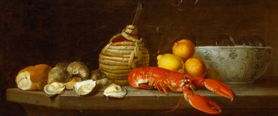 Bir çıkıntının üzerinde porselen bir kapta ekmek, istiridye, bir Chianti şişesi, bir ıstakoz, limon, portakal ve bardaklar by Jakob Bogdani or Bogdany