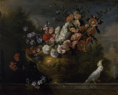 Bir semaverde çiçeklerle, kakaduyla, bir çıkıntının üzerinde natürmort, c.1699 (tuval üzerine yağlı boya) by Jakob Bogdani or Bogdany