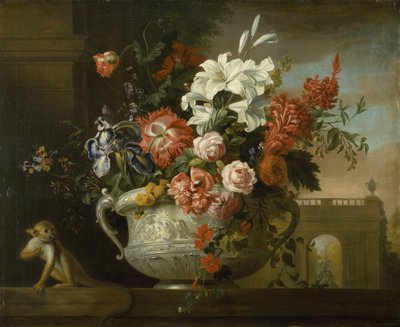 Bir semaverde çiçeklerle, bir çıkıntıda maymunla birlikte natürmort, c.1699 (tuval üzerine yağlı boya) by Jakob Bogdani or Bogdany