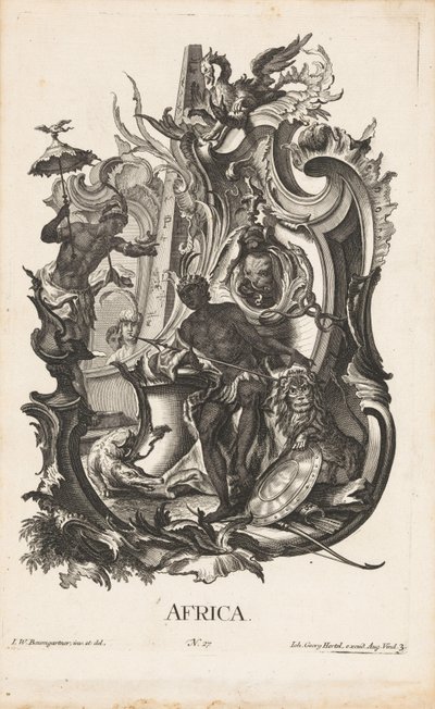 Afrika kıtasının kişileştirilmesiyle Rocaille Afrika (nesne üzerindeki başlık) Dört kıta (dizi adı) by Jakob Gottlieb Thelott