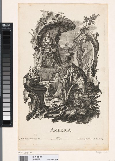 Amerika kıtasının kişileştirilmesiyle Rocaille Amerika (nesne üzerindeki başlık) Dört kıta (dizi adı) by Jakob Gottlieb Thelott