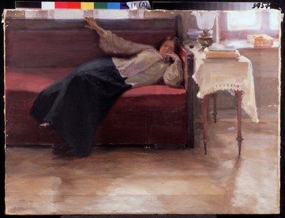 Bir kanepede yatan dalgın genç kız ""Dreams"". Jakov Kalinichenko'nun tablosu (1869-1938) 1904 Bölge I. Pozhalostin Sanat Müzesi, Ryasan by Jakoff Jakovlevitch Kalinitchenko