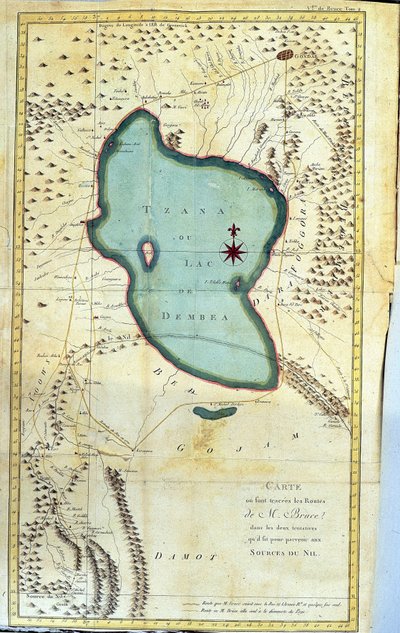 Tzana Gölü veya Dembea Gölü bölgesinin haritası (M. Bruce'un Nil'in kaynaklarına ulaşmak için yaptığı iki girişimdeki rotaları) - 1768-1772 yılları arasında Nil'in kaynaklarını keşfetmek için yapılan Nubia ve Habeşistan Yolculuğu'nda ””, Ja by James Bruce
