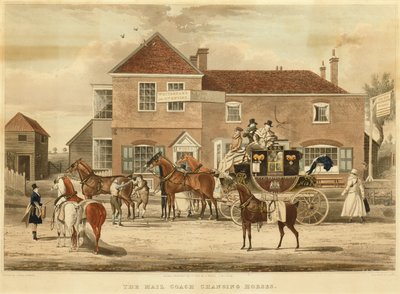 Atları Değiştiren Posta Arabası, c.1825 (gravür) by James (after) Pollard