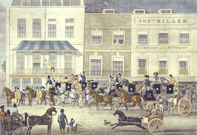 West Country Mail, Gloucester Kahve Evi, Piccadilly, C. Rosenberg tarafından oyulmuş (renkli taş) by James (after) Pollard