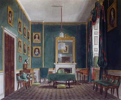 Yeşil çekme odası, Daniel Havell (1785-1826), James Stephanoff (yaklaşık 1788-1874) tasarımına dayalı gravür, The History of the Royal Residences by James (after) Stephanoff