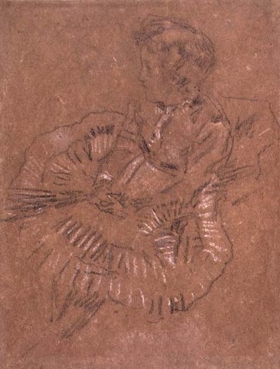 PD.67-1959 Büyük Etekli Oturan Bir Kız (Elinor Leyland Üzerine Bir Çalışma) c.1870-80 (kahverengi kağıt üzerine siyah beyaz tebeşir) by James Abbott McNeill Whistler