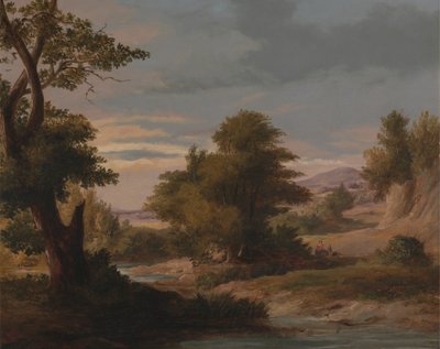Anne ve Çocukla Ormanlık Bir Nehir Manzarası by James Arthur O