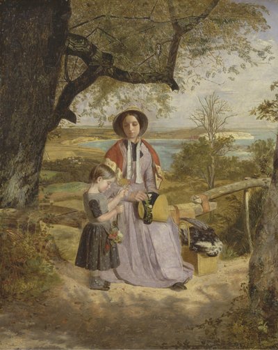 Bir Stile Yanında Anne ve Çocuk, Culver Cliff, Wight Adası, uzaktan, c.1849-50 (panelde yağlı boya) by James Collinson