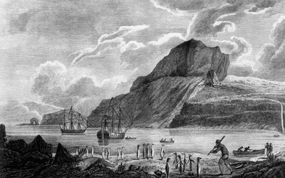 Kerguelen adası, Noel Koyu'nun görünümü, William Hodges'ın çizimi, William Watts'ın gravürü, James Cook'un (1728-1779) Voyage to South Pole ve Round World'den illüstrasyonu, baskı 1778'de Paris'te yayınlandı by James Cook
