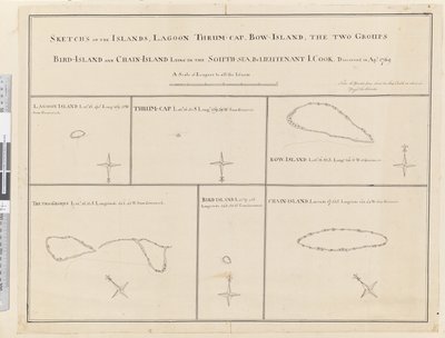 iii. Lagoon, Thrum-Cap, Bow-Island, the Two Groups, Bird Island ve Chain Island, güneyde uzanan adaların çizimleri, Sea... 1769 Nisan