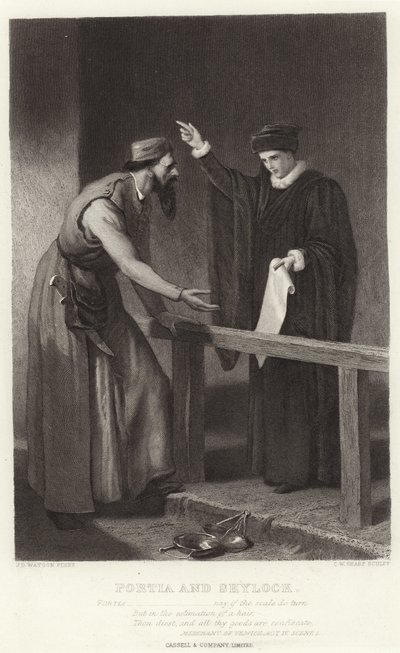 Portia ve Shylock, Venedik Taciri, IV. Perde, Sahne I by James Dawson Watson