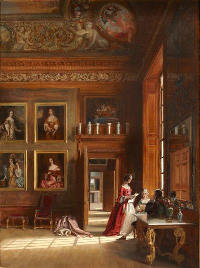 17. yüzyıl kostümlü bir grup insanla Kralın Büyük Yatak Odası'nın romantik bir görünümü, c.1703-05 (tuval üzerine yağlı boya) by James Digman Wingfield
