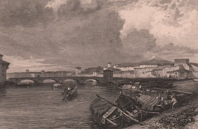 Pisa, Toskana, İtalya'daki Arno Nehri'nin görünümü, James Duffield Harding'in (1798-1863) çiziminden sonra Thomas Higham'ın (1796-1844) çelik gravürü by James Duffield Harding