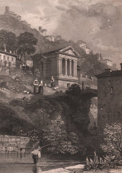 Clitumnus Tapınağı'nın Campello sul Clitunno yakınlarındaki Clitunno Nehri boyunca görünümü, Umbria, İtalya, Jordan tarafından James Duffield Harding (1798-1863) tarafından çizildikten sonra yapılan çelik gravür, yaklaşık 10, 5x15 cm by James Duffield Harding